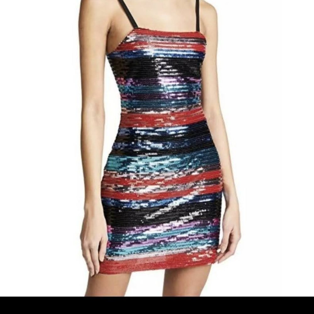MANFI LACE-UP BACK SEQUIN STRIPE MINIDRE